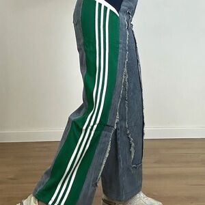 Xpluswear Green Stripe Track Pants with Distressed Denim Panel